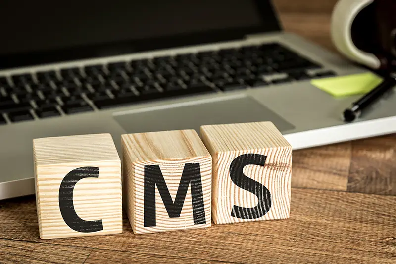 Cms written on a wooden cubes