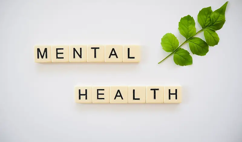 Scrabble tiles spelling Mental health next to a sprig of green leaves