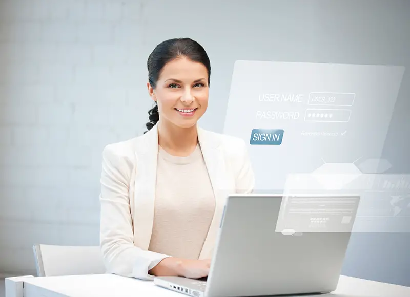 picture of happy woman with laptop computer and virtual screen