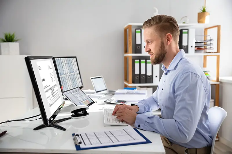 Businessperson Calculating E-Invoice Online On Computer At Office