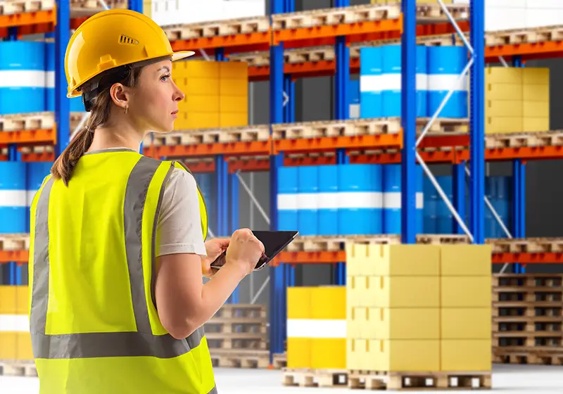 Woman wearing helmet inside the warehouse