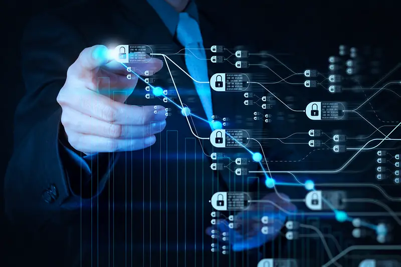 Blockchain technology concept with diagram of chain and encrypted blocks