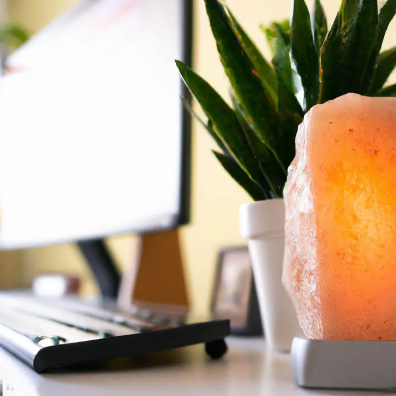 Himalayan salt lamp on desk with keyboard and plant