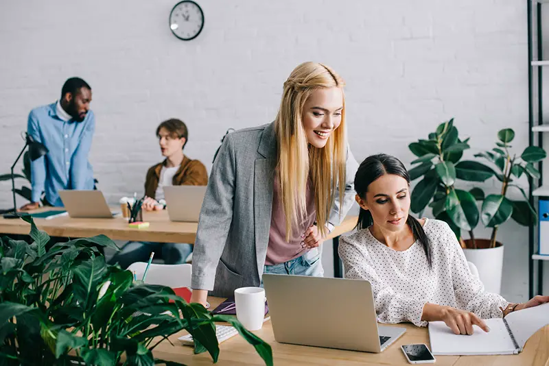 Businesswoman pointing at textbook to colleague