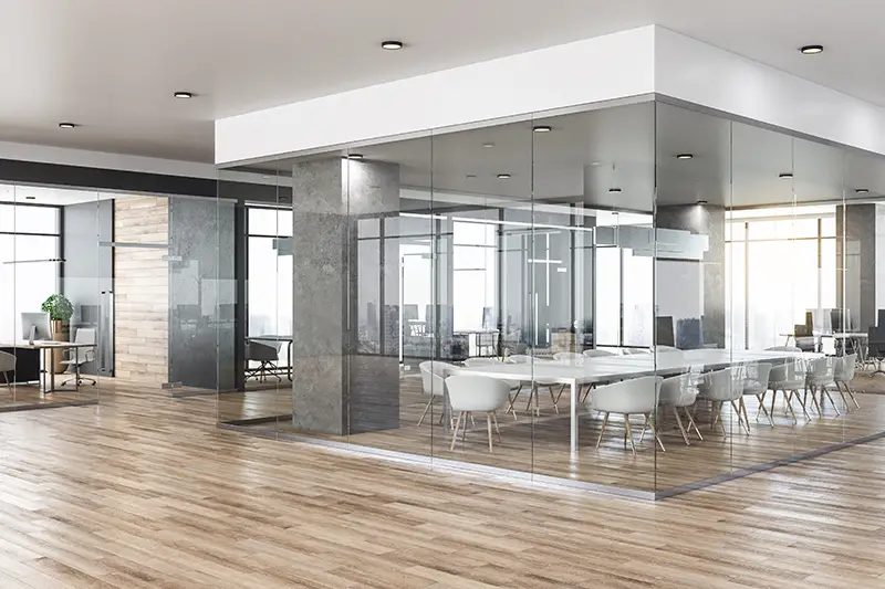 New glass concrete office interior with city view,