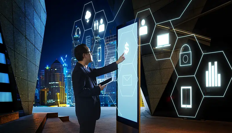 Businessman touching "Money" sign on screen of digital booth with fintech infographic icon