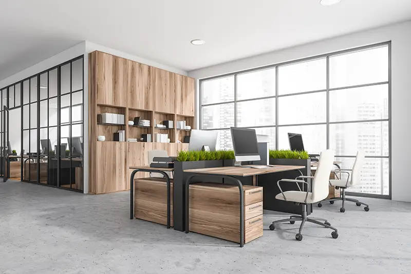 White and grey open space office with wooden cabinet and four workplaces