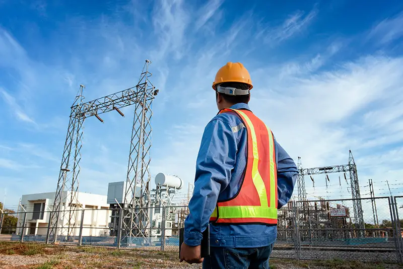 Engineer in uniform and helmet is behind small power plants at construction sites in Asia.