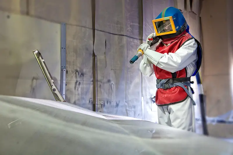 Worker using sandblasting equipment wearing safety suite