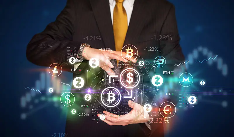 Businessman holding crypto exchange symbol, investment concept
