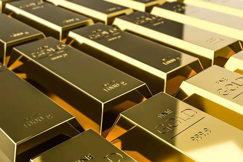 Pure gold bars on rich background of wealth from trading profits of fast growing businesses.