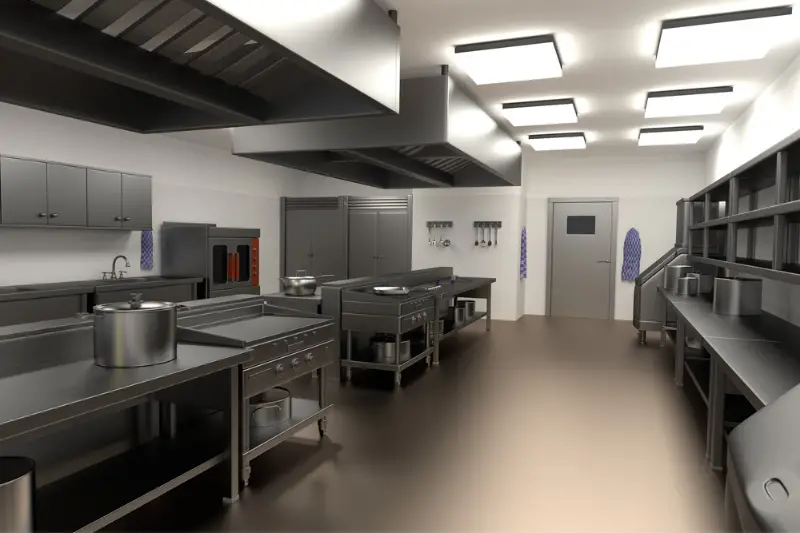 Realistic 3d render of commercial kitchen