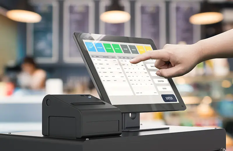 human hand working with 3d rendering cashier machine
