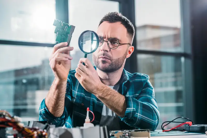 Hardware engineer looking at circuit board