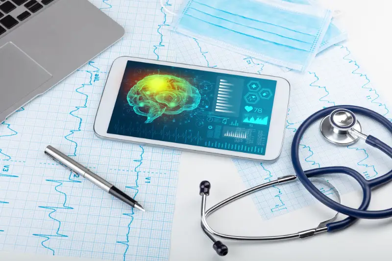 Diagnostics on tablet with brain functionality concept