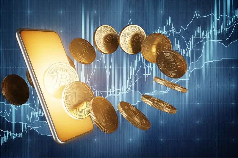 Gold screen smartphone, bitcoin, graphs