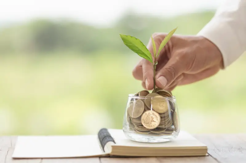 Plant growing in Coins glass jar for money saving and investment financial, concept for business, innovation, growth and money .