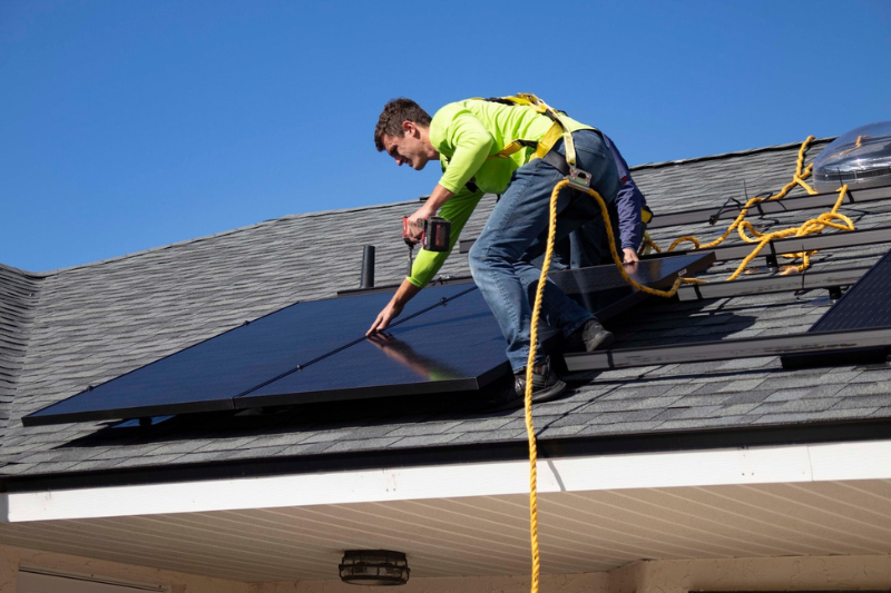 A man installing a solar panel on a roof