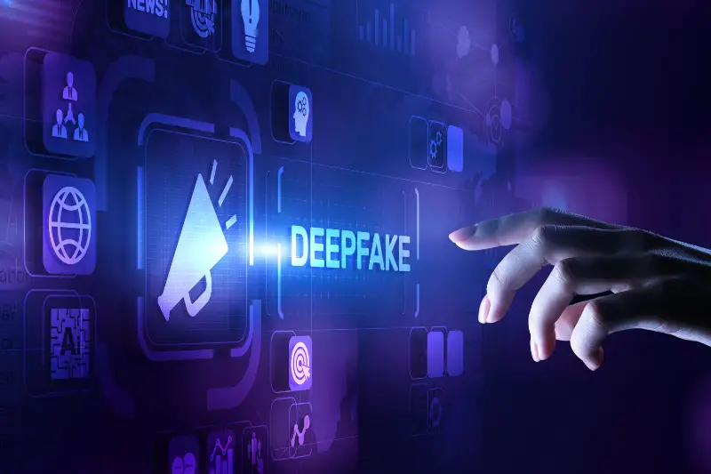 Deepfake deep learning fake news generator modern internet technology concept.