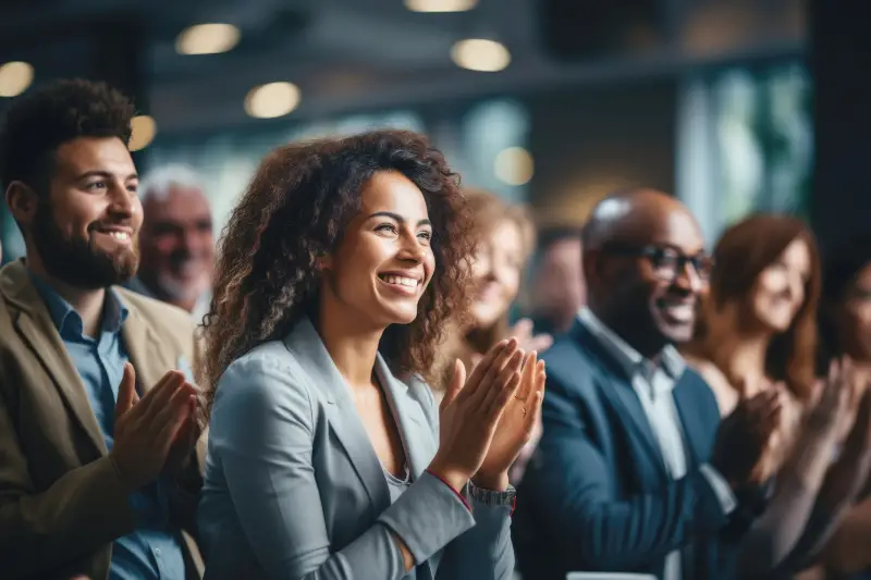 Group of people applauding together in business meeting