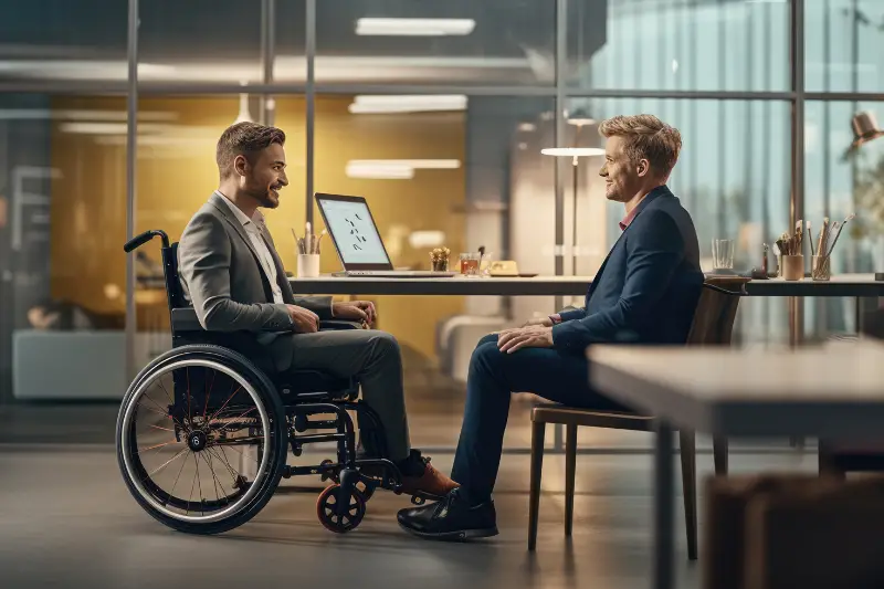 Man with a disability is interviewed in an office sitting in a wheelchair.