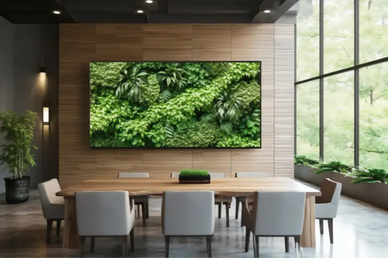 Eco-friendly Office Meeting Room interior with Biophilic Design Elements.