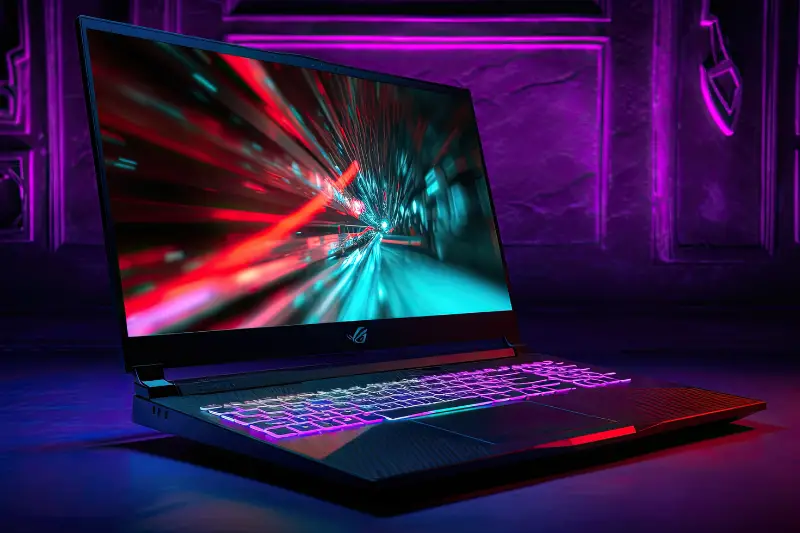A futuristic gaming laptop with a sleek design and RGB backlit keyboard