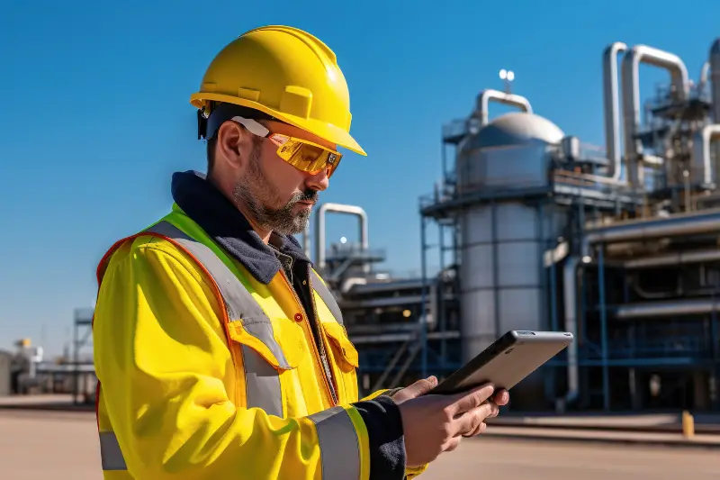 Engineer wearing safety uniform and helmet looking detail tablet on hand with oil refinery factory in the background.
