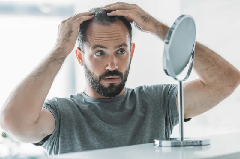 bearded mid adult man with alopecia looking at mirror, hair loss concept