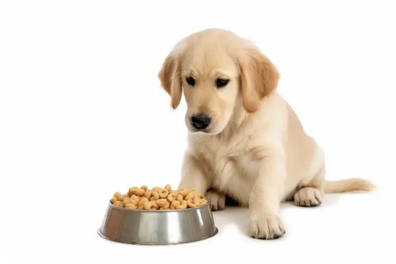 Adorable dog eating dog food on white background