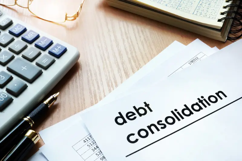 Documents with title debt consolidation on an office table