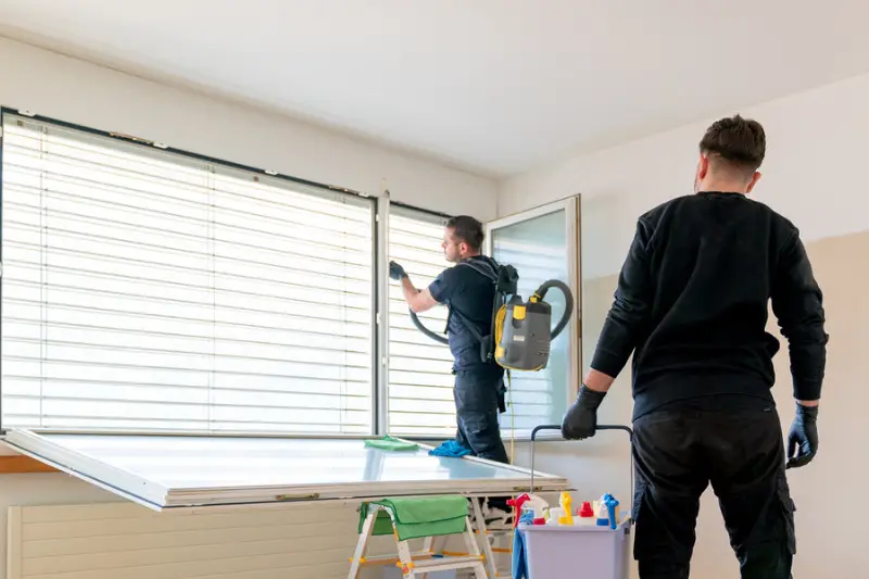 A professional cleaning team in an apartment cleaning windows and blinds