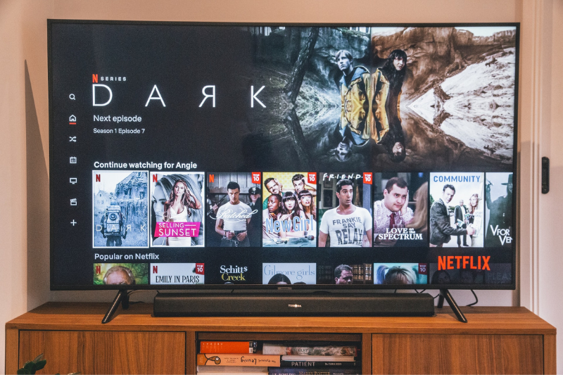 Black ANdroid TV with streaming on the screen