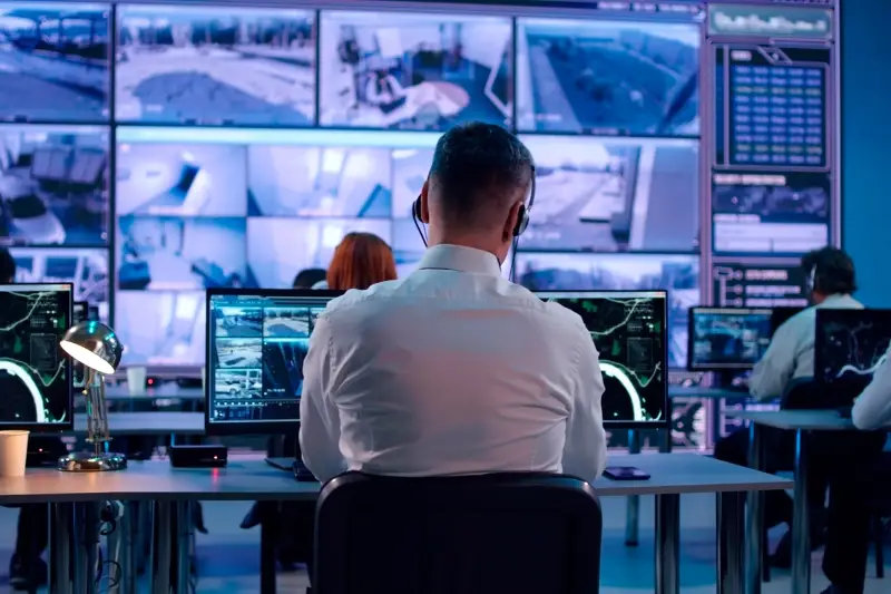 Male spy browsing video and map on computers