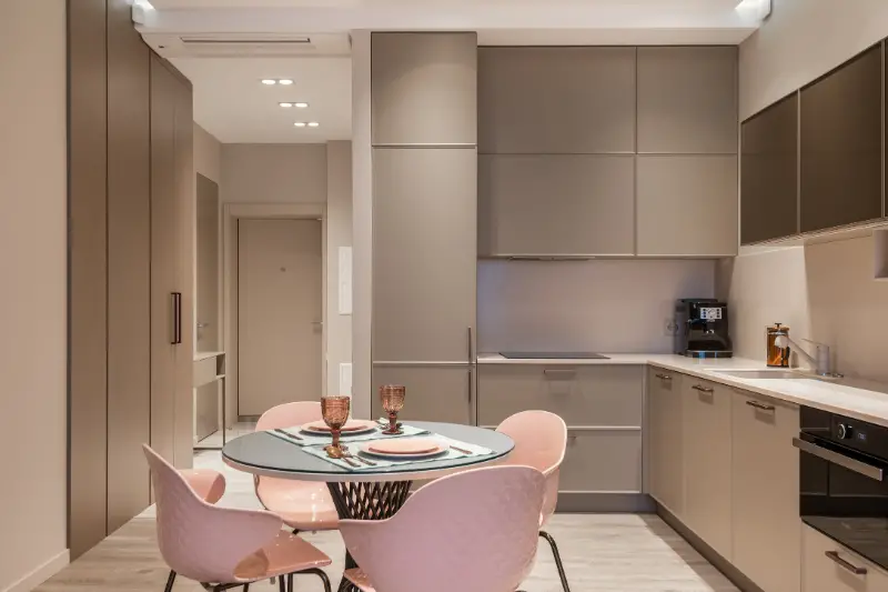 Contemporary kitchen interior with dining zone