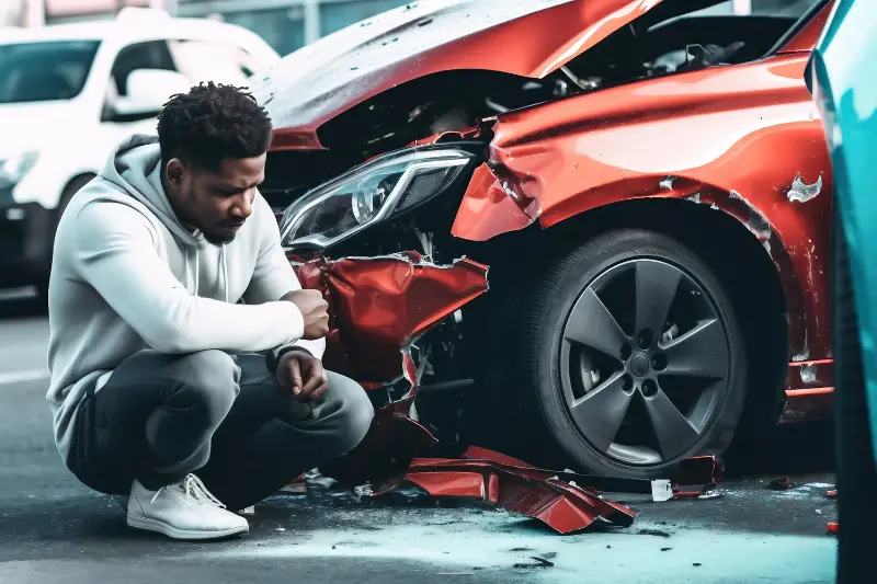 Young black man driver in car accident and holding his head near broken car on the road after a car accident. Car accident on the street, damaged cars after collision.