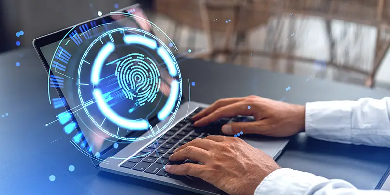 Man hands using laptop with fingerprint interface