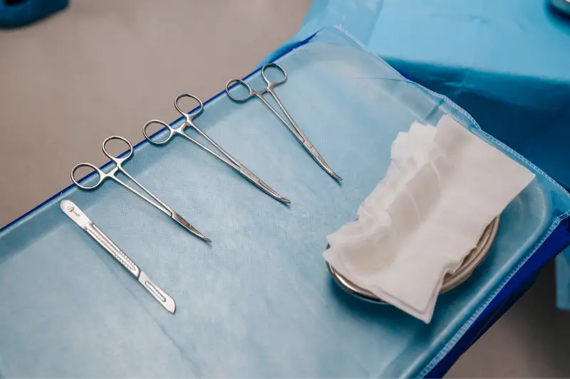 Surgical tools on a small table