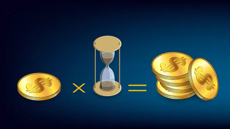 Isometric concept of earning on staking coins. Gold coins USD dollars with hourglass on dark blue background. Adding coins during staking time. Vector illustration.