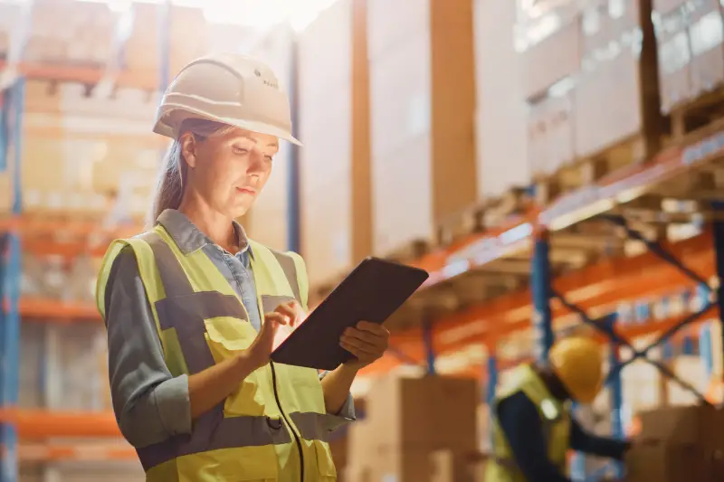 Professional Female Worker Wearing Hard Hat Checks Stock and Inventory with Digital Tablet Computer in the Retail Warehouse full of Shelves with Goods.