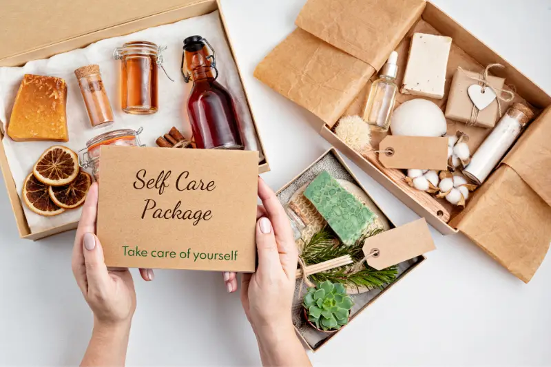 Preparing self care package, seasonal gift box with plastic free zero waste cosmetics products.