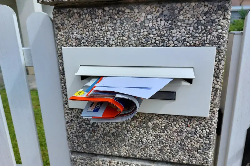 White mailbox with letters and advertisements on a white fence