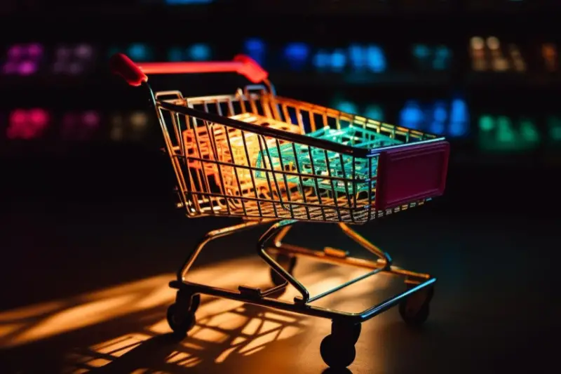 Metal shopping cart filled with groceries at night