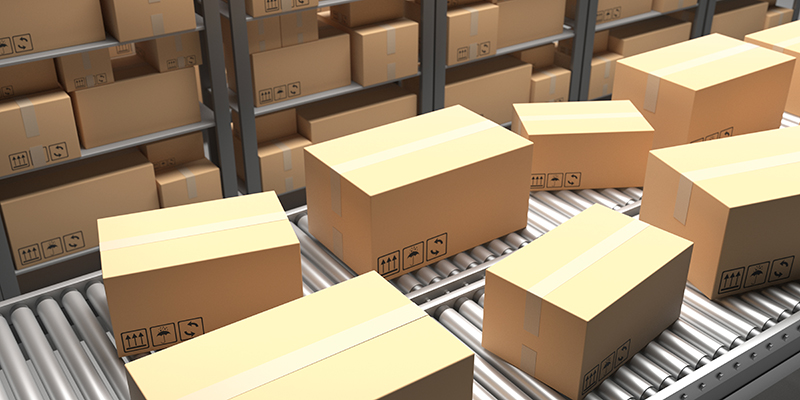 Conveyor belt with cardboard boxes. Packaging and handling roller system. Warehouse shelves background. 3d illustration