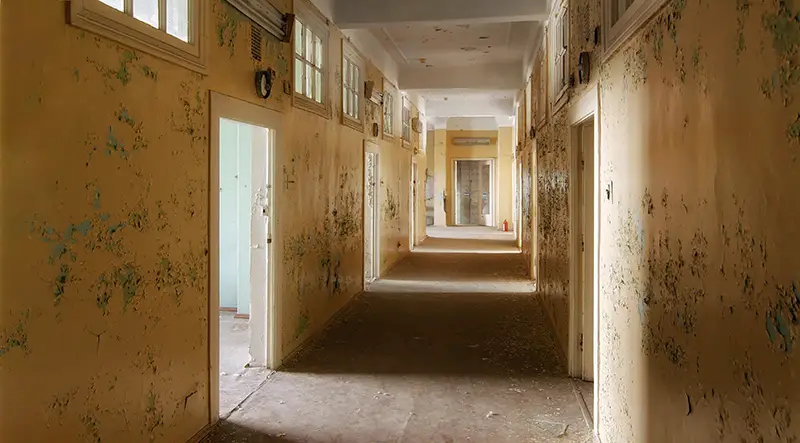 The hallway of an abandoned building