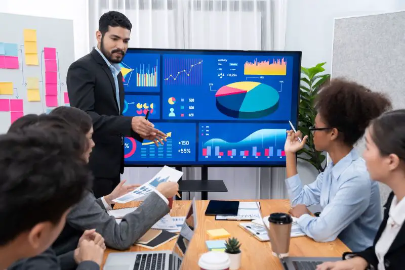 Businessman presenting data analysis dashboard display on tv screen