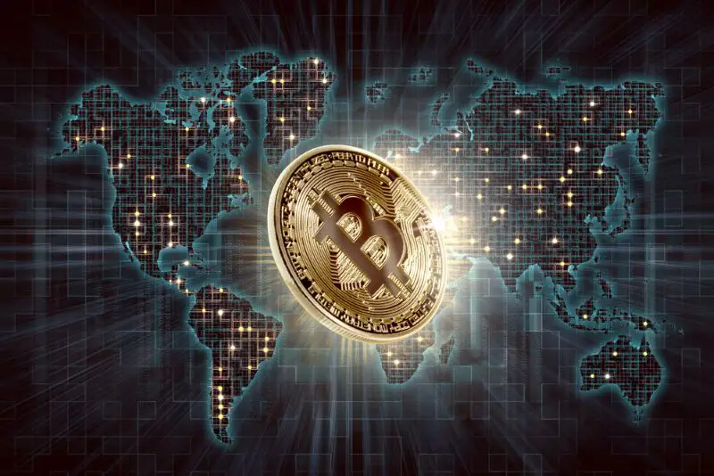 Gold bitcoin and digital world map background