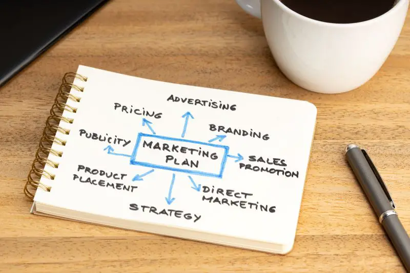Marketing plan graph on notepad on wooden desk