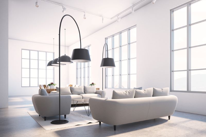Floor lamps near Luxury gray sofas