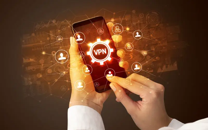 Hand using smartphone with VPN concept